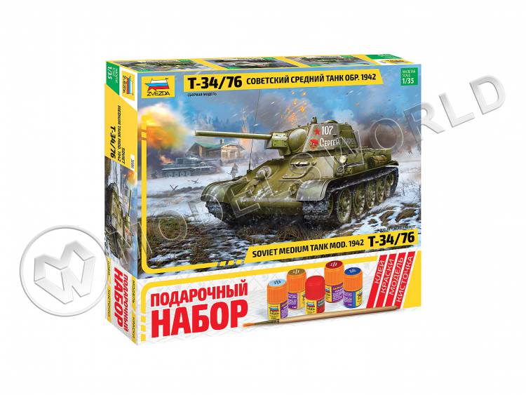 Склеиваемая пластиковая модель Советский средний танк Т-34/76 образца 1942 г - Подарочный набор. Масштаб 1:35 Склеиваемая пластиковая модель Советский средний танк Т-34/76 образца 1942 г - Подарочный набор. Масштаб 1:35 - фото 1