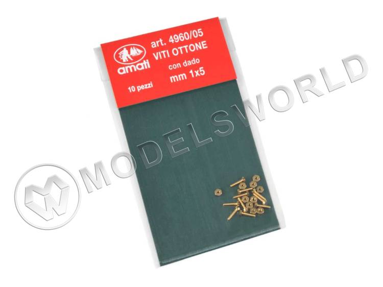 Винт миниатюрный с гайкой, латунь, 1х5 мм, 2 шт - фото 1