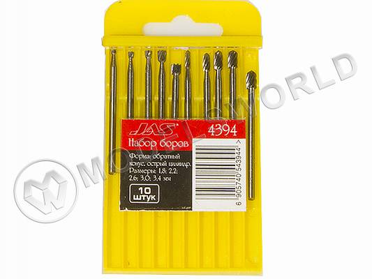 Набор боров, металл HSS, обр. конус, острый цилиндр 1.8; 2.2; 2.6; 3.0; 3.4 мм, 10 шт