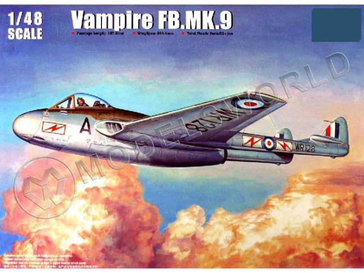 Склеиваемая пластиковая модель истребителя Vampire FB.Mk.9 + КОМПЛЕКТ ДОПОЛНЕНИЙ. Масштаб 1:48 - фото 1