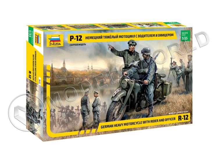 Склеиваемая пластиковая модель Немецкий тяжелый мотоцикл Р-12 с водителем и офицером. Масштаб 1:35 Склеиваемая пластиковая модель Немецкий тяжелый мотоцикл Р-12 с водителем и офицером. Масштаб 1:35 - фото 1