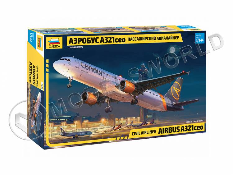 Склеиваемая пластиковая модель Пассажирский авиалайнер Аэробус А321CEO. Масштаб 1:144 - фото 1
